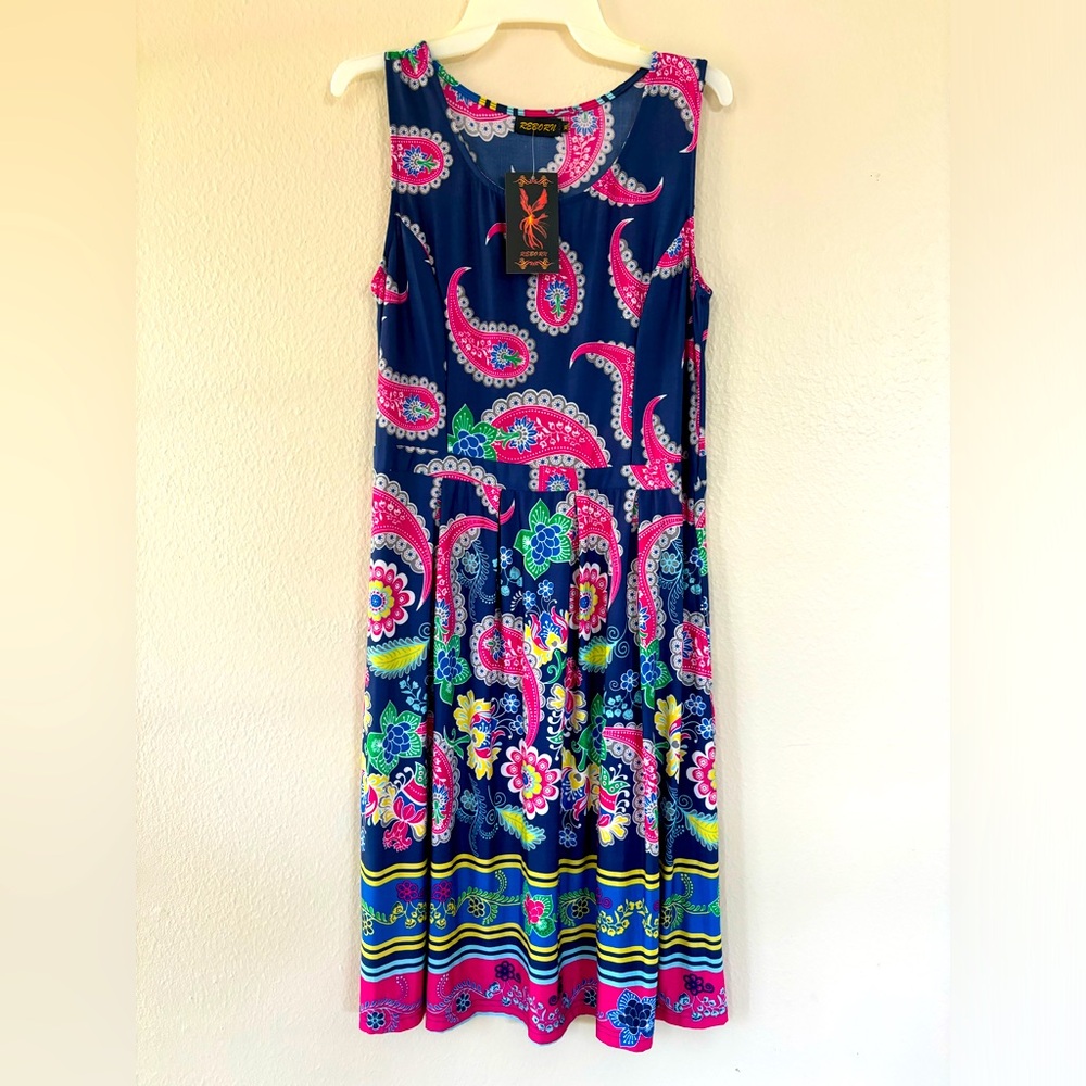 NWT Sleeveless Navy Pink Paisley Dress with Pockets Size XL Reborn